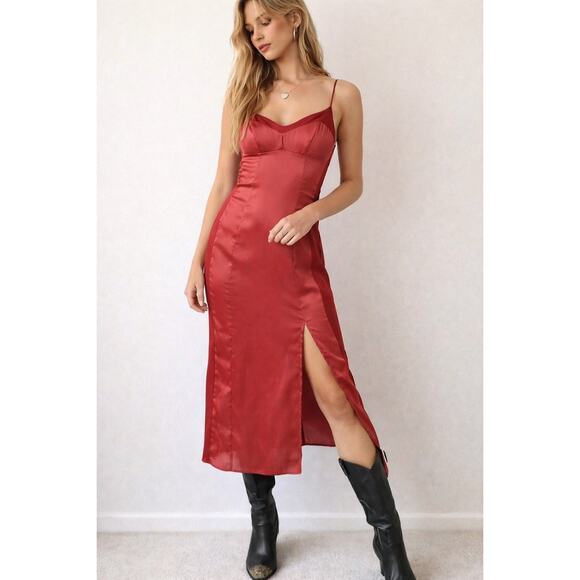 Free People Intimately City Cool Midi Slip Dress Venetian Red Satin Side Slit XS - Picture 2 of 9